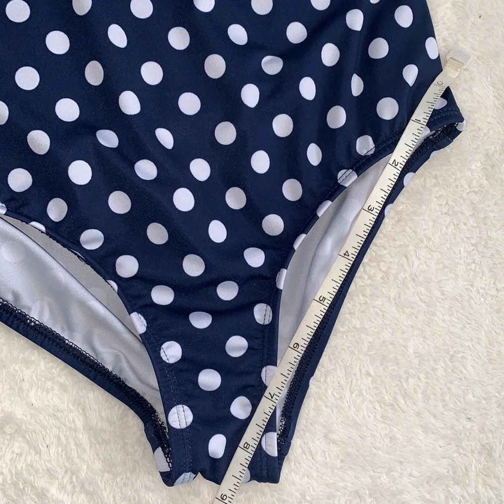 Land’s End Navy Polka Dot Rainbow Shoulder Swimsuit 10 EUC